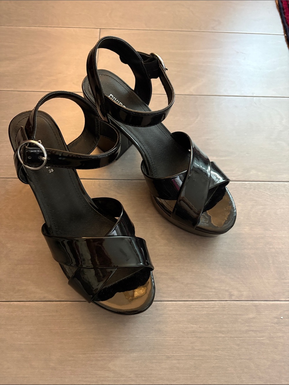 Divided Black Patent Platform Ankle-Strap Sandals